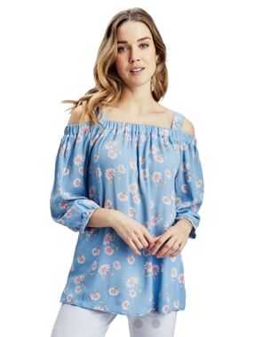 M🌸Off-Shoulder Bohemiam Romantic Blue Floral Blouse Tunic